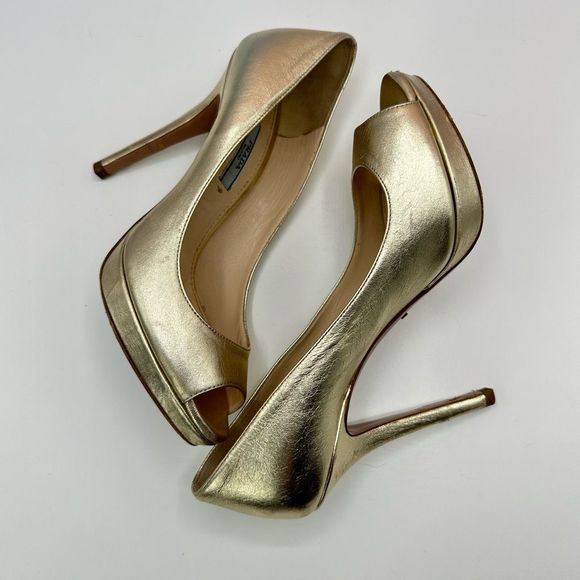 Prada Gold Platform Peep Toe Pump Heels Size 37.5 w/ Original Box Retail $720 - Picture 9 of 11